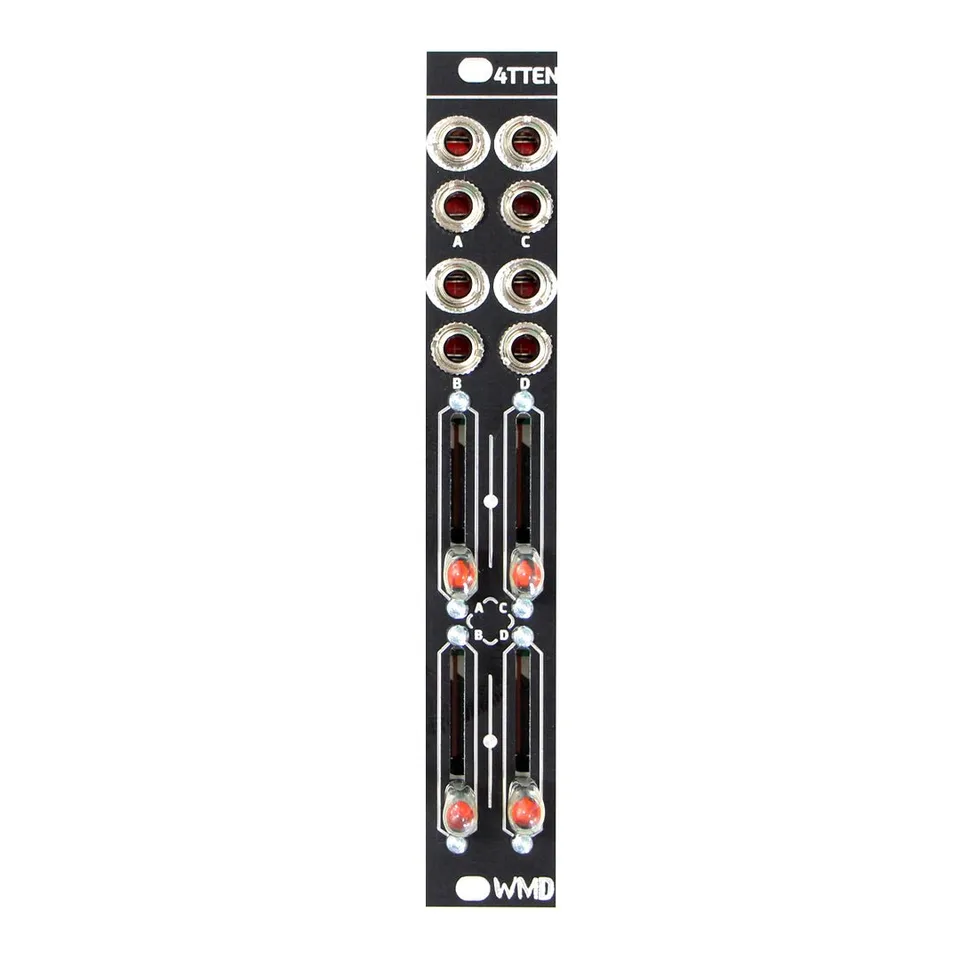 4TTEN module front panel: four input/output jack pairs labeled A, B, C, and D above four vertical attenuation sliders.
