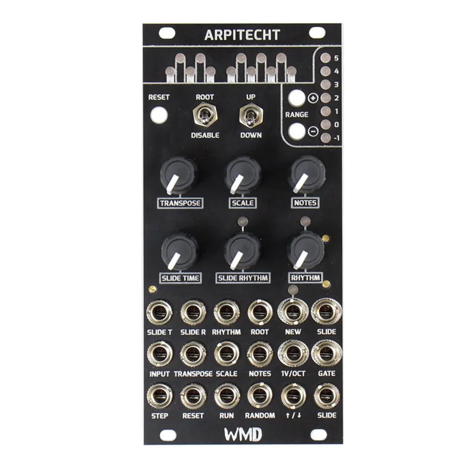 Arpitecht module front panel: a RANGE LED ladder, RESET button, ROOT and DIRECTION switches, RANGE buttons, TRANSPOSE / SCALE / NOTES and SLIDE TIME / SLIDE RHYTHM / RHYTHM knobs, and three rows of input/output jacks.