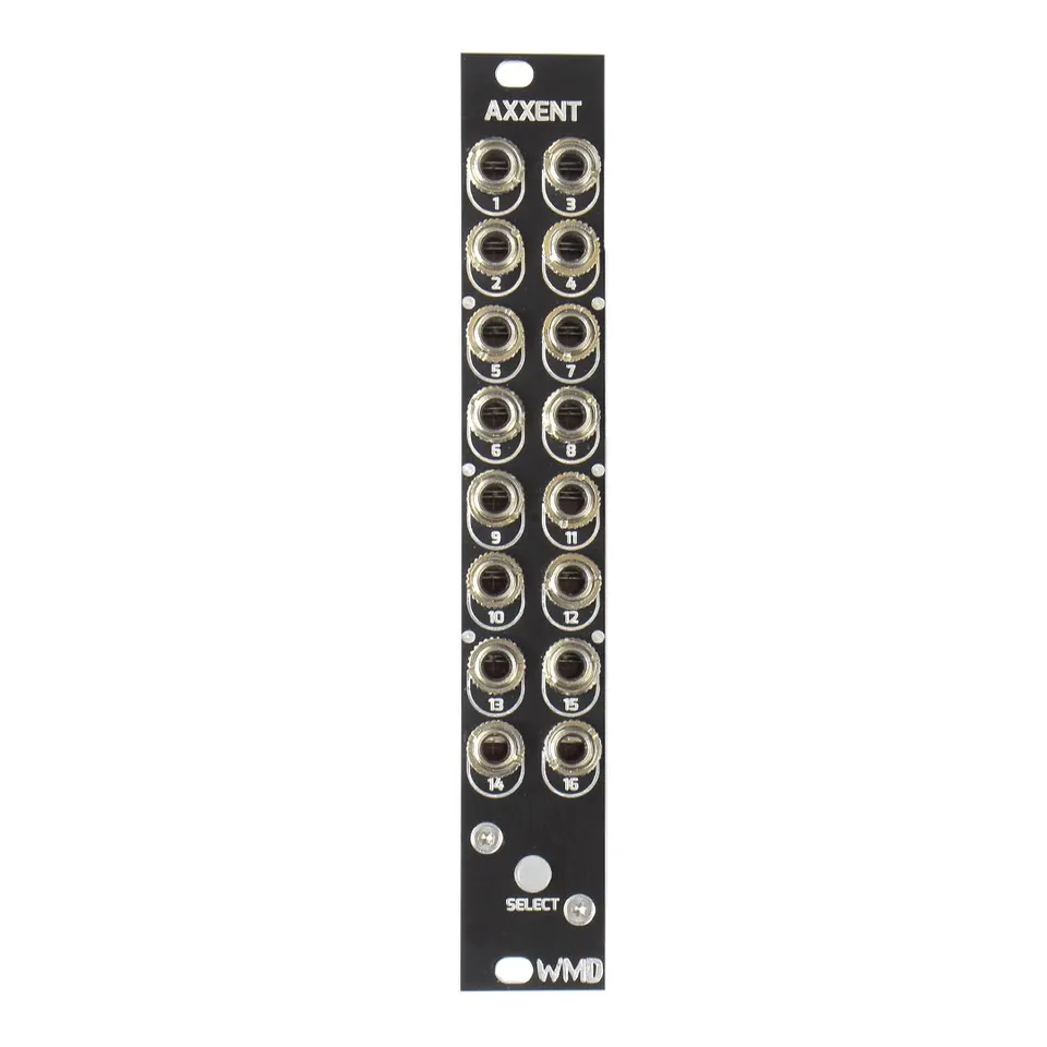 Axxent module front panel: a narrow 4HP black Eurorack panel with sixteen numbered output jacks in two columns and a backlit SELECT button near the bottom.