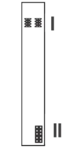 Line drawing of Axxent's rear panel: two EXP bus headers near the top (labeled I) and a 10-pin power header near the bottom (labeled II).