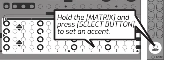 A Metron and Axxent panel side by side with a callout reading “Hold the [MATRIX] and press [SELECT BUTTON] to set an accent,” an arrow pointing from the callout to Axxent's SELECT button.