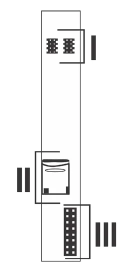 Line drawing of Voltera's rear panel: two EXP bus headers near the top (labeled I), a memory card slot in the middle (labeled II), and a 16-pin power header near the bottom (labeled III).