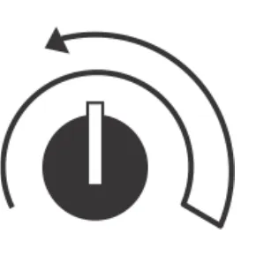 A knob icon with a large clockwise arrow sweeping nearly all the way around it and a short hook back in the counter-clockwise direction, illustrating the turn-fully-clockwise-then-back gesture.