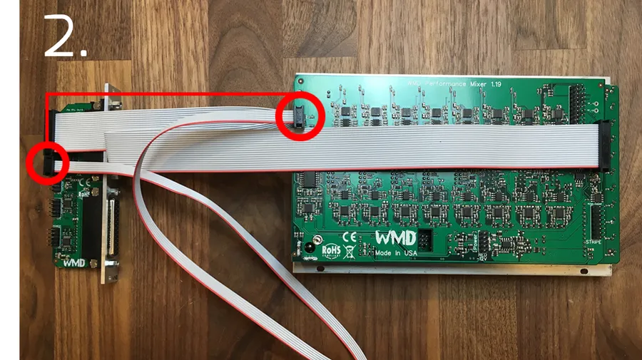 The same two modules with a second, narrower 6-pin ribbon cable added. Red circles highlight the top-most far-left 6-pin header on the Performance Mixer and the 6-pin header just below the 20-pin header on the DB25 expander.