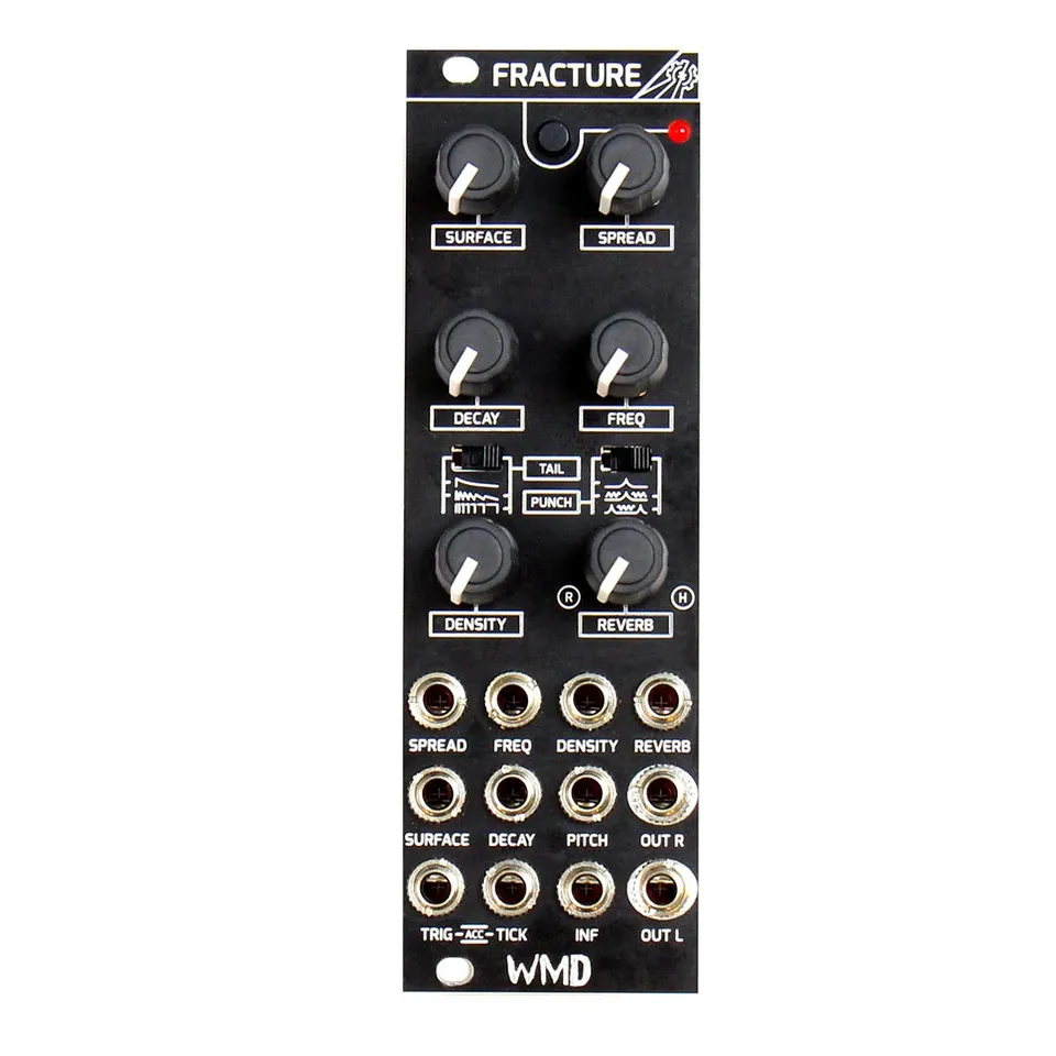 Fracture module front panel: a black 8HP Eurorack panel with six white knobs in three rows (SURFACE, SPREAD, DECAY, FREQ, DENSITY, REVERB), two three-position toggle switches labeled TAIL and PUNCH in the middle, and twelve patch jacks across three rows at the bottom, with the WMD logo near the base.