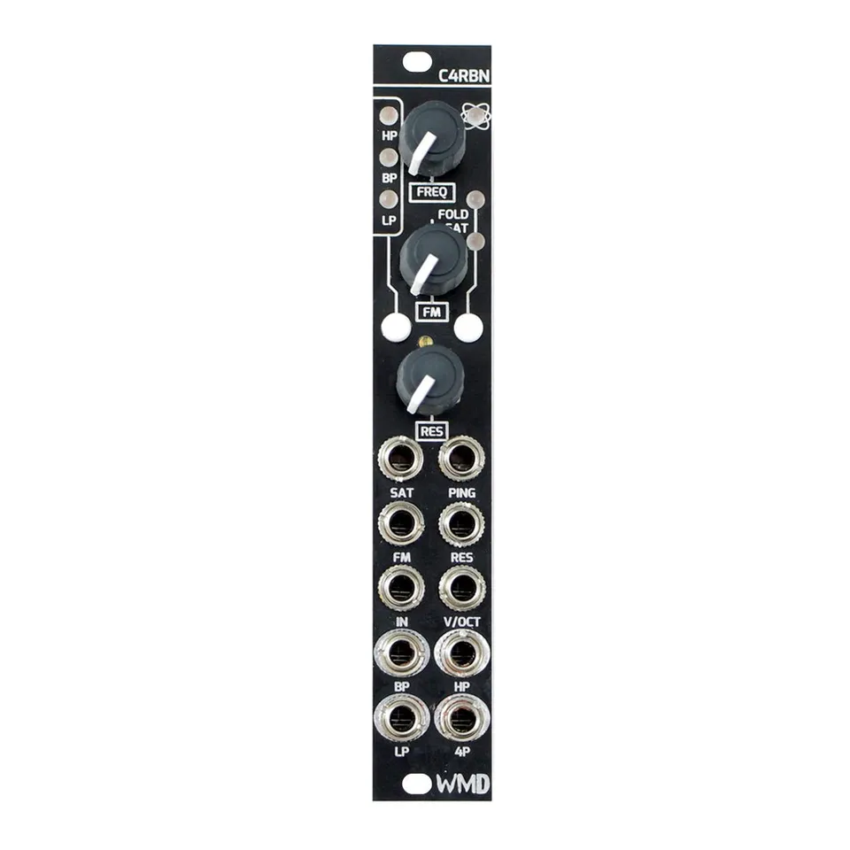 C4RBN module front panel: a narrow 4HP black Eurorack panel with three large knobs (FREQ, FOLD/SAT, FM/RES), a column of HP, BP, and LP filter-mode LEDs, FOLD and SAT LEDs, two buttons, and ten patch jacks arranged in two columns labeled SAT, PING, FM, RES, IN, V/OCT, BP, HP, LP, and 4P.