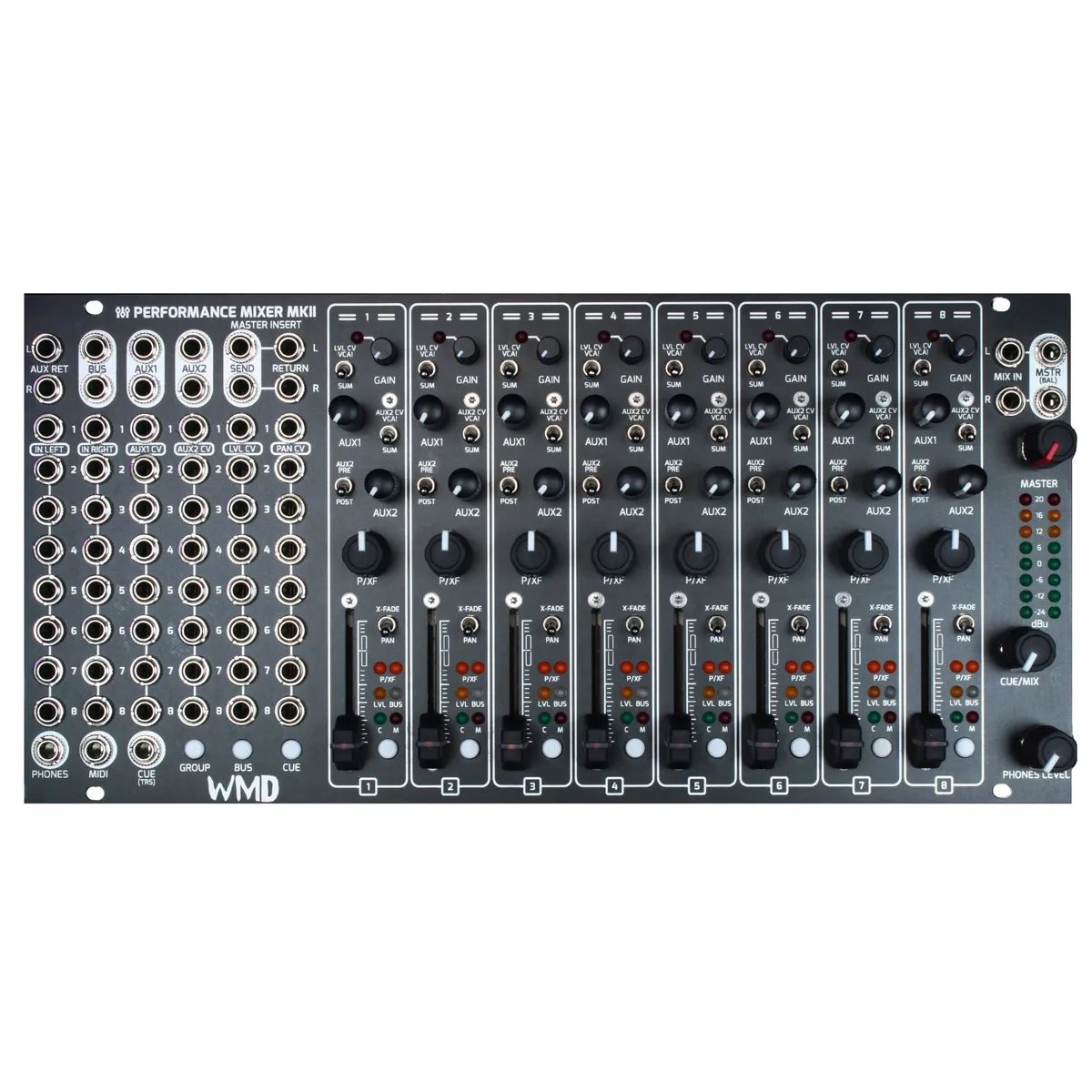 Performance Mixer MKII front panel: a wide black Eurorack panel with eight identical channel strips, each with a gain knob, aux 1 and aux 2 send knobs, a pan/crossfade knob and a fader, flanked on the left by the aux send, return and master insert jacks and on the right by the master section with a level meter, cue/mix and phones level knobs.