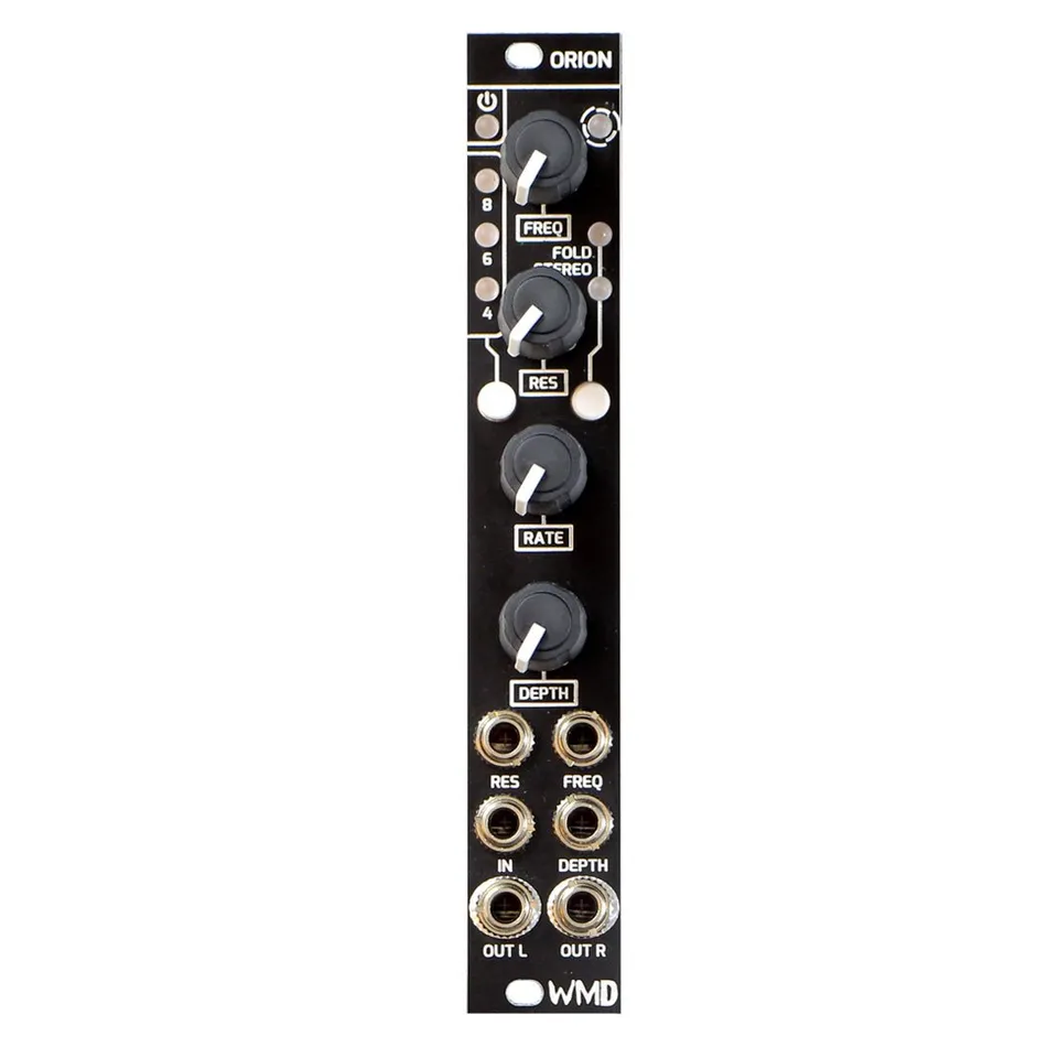 Orion module front panel: a narrow 4HP black Eurorack panel with the ORION wordmark at top, four knobs (FREQ, RES, RATE, DEPTH), a column of stage-count LEDs labeled 8, 6 and 4 with two buttons, and three rows of jacks labeled RES, FREQ, IN, DEPTH, OUT L and OUT R.