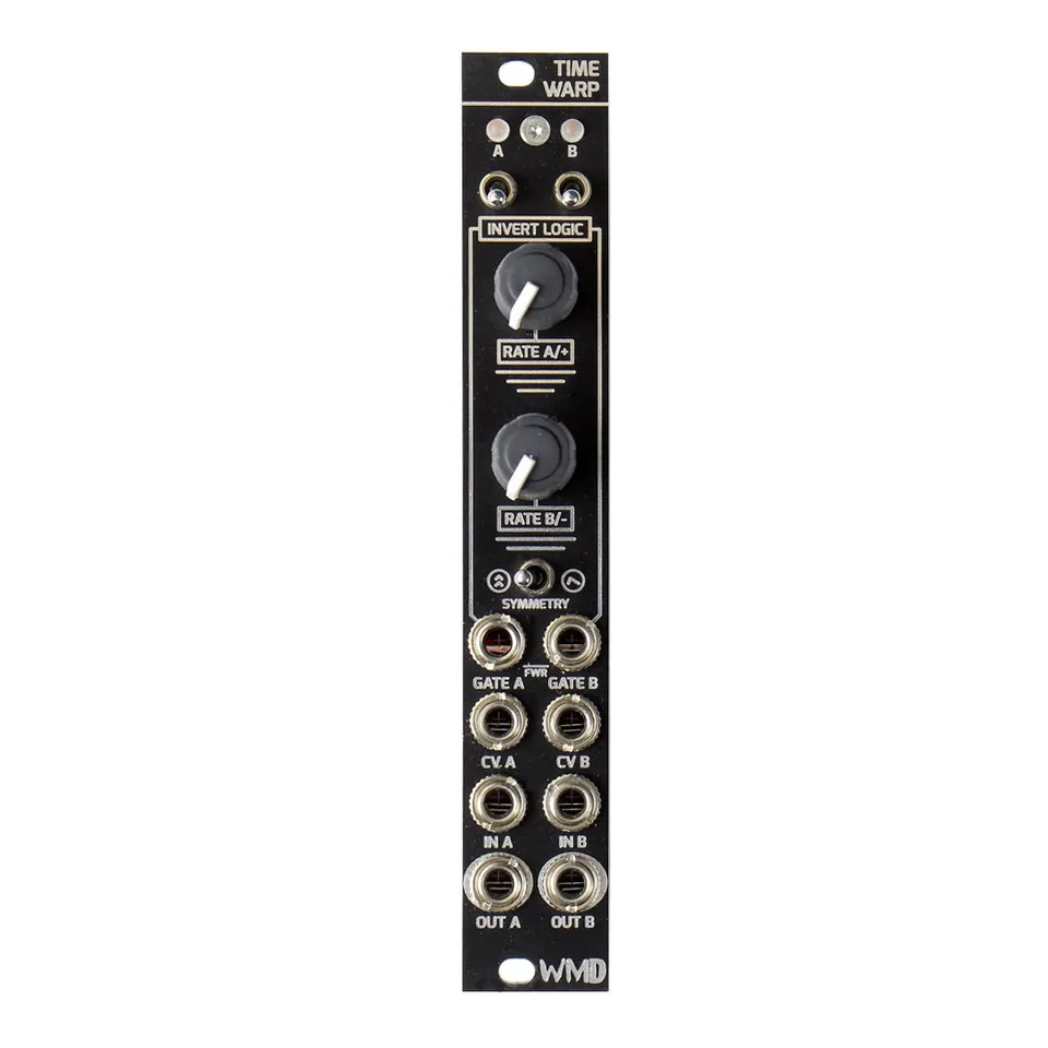 Time Warp module front panel: a narrow 4HP black Eurorack panel with two INVERT LOGIC toggle switches and A/B LEDs at the top, two large RATE knobs, a SYMMETRY toggle, and two columns of jacks labeled GATE, CV, IN, and OUT for channels A and B.