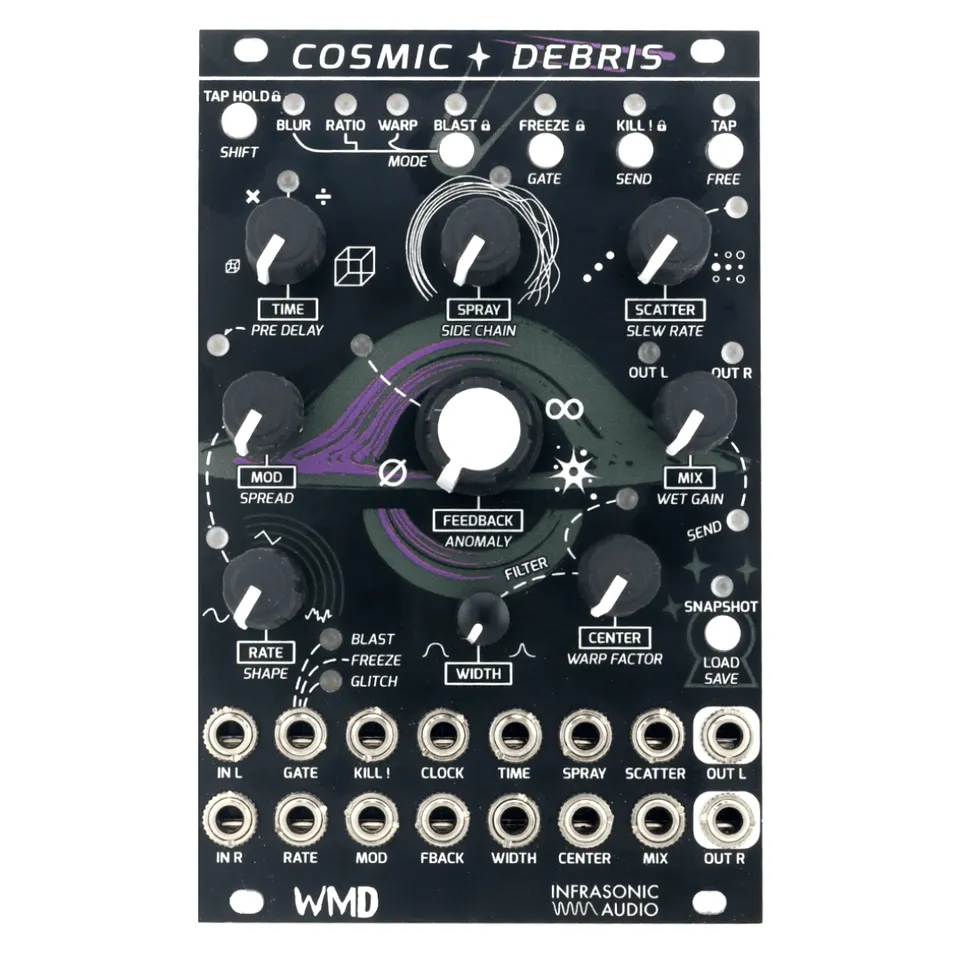 Cosmic Debris module front panel: a 16HP black Eurorack panel with a row of seven backlit mode and function buttons across the top, large TIME, SPRAY, SCATTER, MOD, FEEDBACK, MIX, CENTER and WIDTH knobs in the middle, a RATE knob with BLAST/FREEZE/GLITCH gate-mode markings, and two rows of input, output, and CV jacks across the bottom.