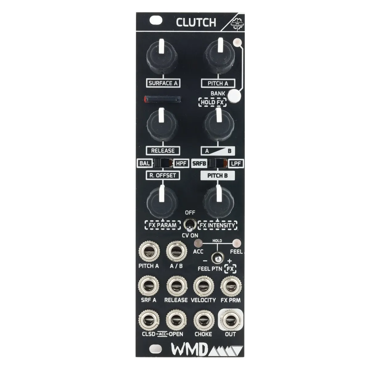 Clutch module front panel: an 8HP black Eurorack panel with two columns of knobs at top, BAL/HPF and SRFB/LPF switches and a CV ON toggle in the middle, and three rows of patch jacks at the bottom.