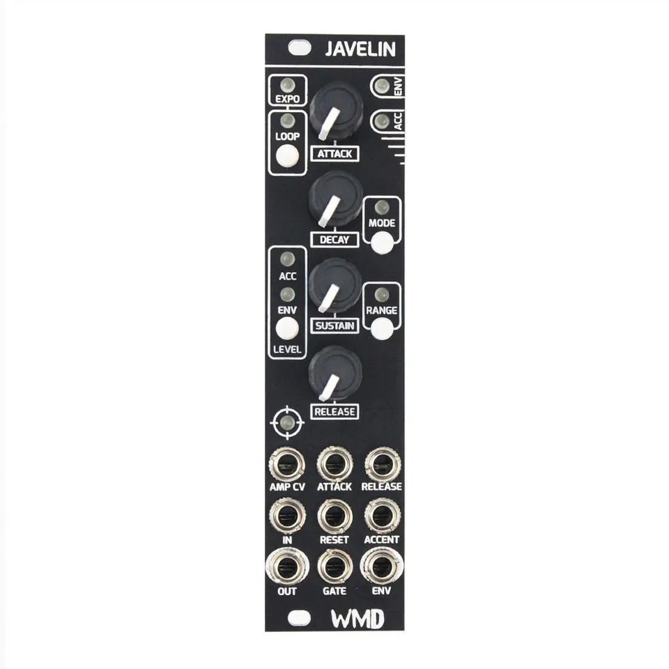 Javelin module front panel: a black 6HP Eurorack panel with four large knobs (Attack, Decay, Sustain, Release), EXPO, LOOP, LEVEL, MODE and RANGE buttons with status LEDs, and nine input/output jacks across three rows at the bottom.