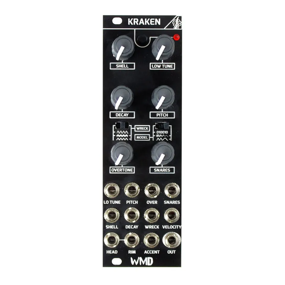 Kraken module front panel: a black 8HP Eurorack panel labeled KRAKEN at the top, with SHELL and LOW TUNE knobs in the top row, DECAY and PITCH knobs below them, WRECK and MODEL toggle switches in the center, OVERTONE and SNARES knobs beneath, and three rows of jacks labeled LO TUNE, PITCH, OVER, SNARES, SHELL, DECAY, WRECK, VELOCITY, HEAD, RIM, ACCENT, and OUT, with the WMD logo at the bottom.