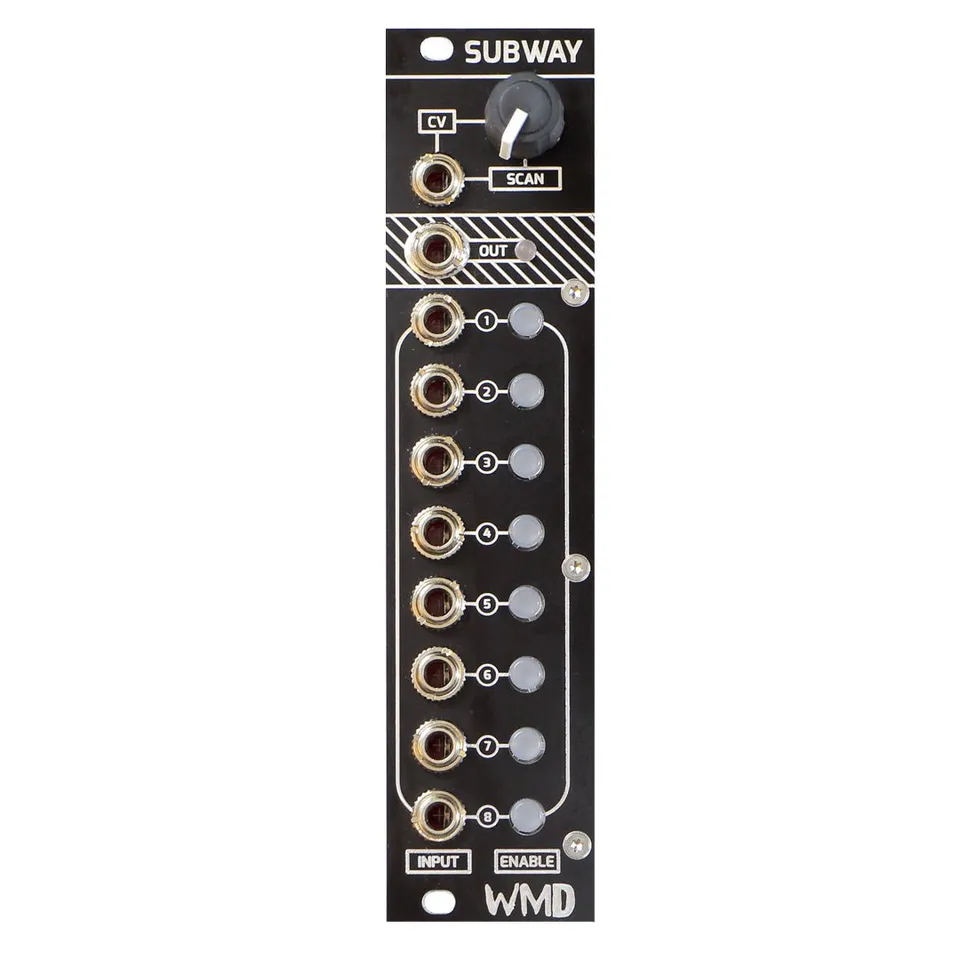 Subway module front panel: a 6HP black Eurorack panel with a SCAN knob and CV input near the top, a bicolor OUT jack below them, and a column of eight numbered input jacks each paired with a round ENABLE button.