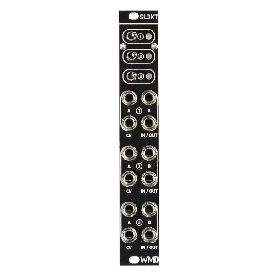 SL3KT module front panel: a narrow 4HP black Eurorack panel with three rocker switches near the top, each with a numbered label and a green/red LED, above three identical jack groups (1, 2, 3). Each group has A and B input jacks on top and CV and IN/OUT jacks below.