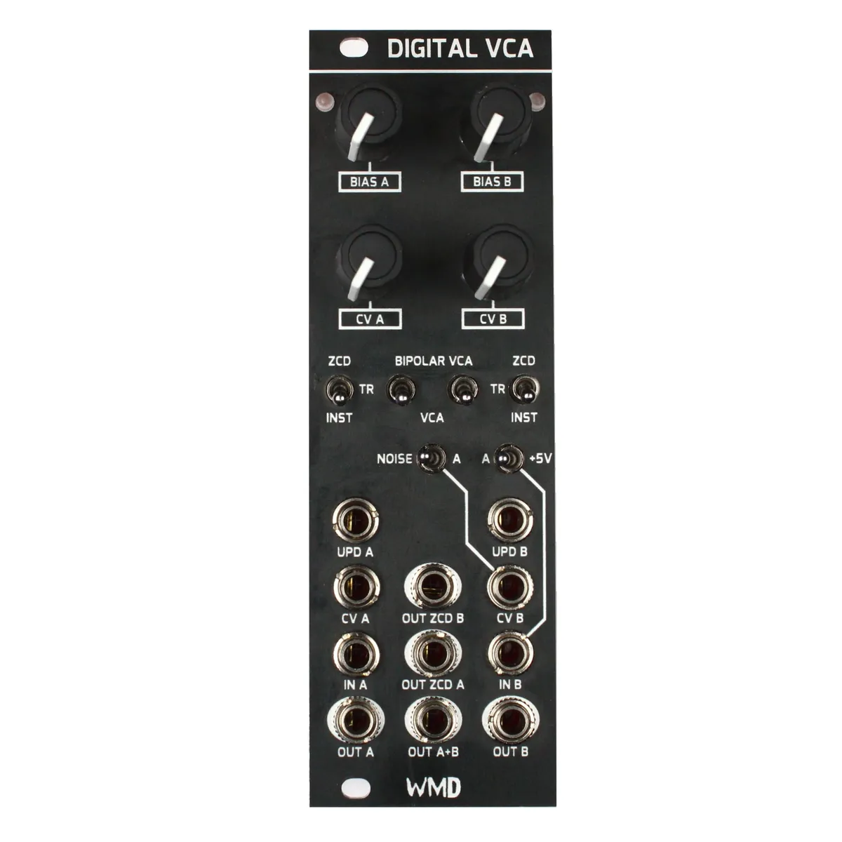Digital VCA MKIII front panel: a black 8HP Eurorack panel with two BIAS knobs and two CV knobs at the top, a row of toggle switches (ZCD/TR/INST, BIPOLAR VCA/VCA), a NOISE and +5V horizontal toggle, and two columns of jacks labeled UPD A, CV A, IN A, OUT A, OUT ZCD B, OUT ZCD A, OUT A+B, UPD B, CV B, IN B, OUT B.