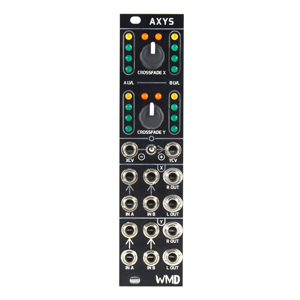 AXYS module front panel: a 6HP black Eurorack panel with two large crossfade knobs (CROSSFADE X and CROSSFADE Y), each flanked by green and orange input-level LED meters, a row with XCV and YCV CV inputs and a three-position normalling switch, and two stereo input/output blocks each with IN A, IN B, R OUT and L OUT jacks.