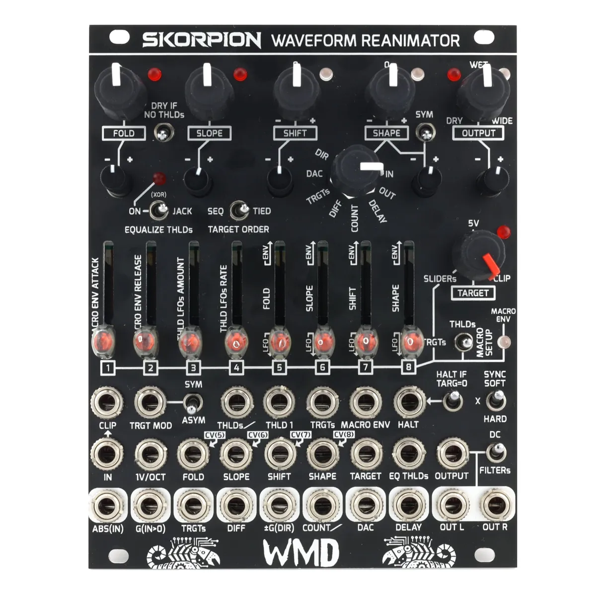 Skorpion module front panel: a 20HP black Eurorack wavefolder with five knobs across the top, a SHAPE source rotary switch, a bank of eight vertical sliders numbered 1 to 8, three rows of jacks, and WMD branding at the bottom.
