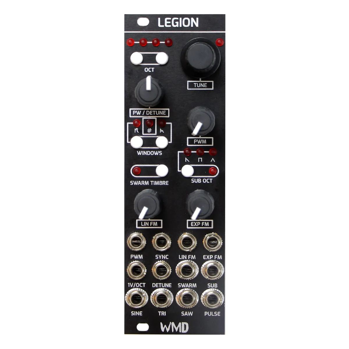 Legion module front panel: a black 8HP Eurorack panel with four octave LEDs and OCT buttons, a large TUNE encoder, PW/DETUNE and PWM AMOUNT knobs, WINDOWS, SWARM TIMBRE and SUB OCT buttons with waveform indicator LEDs, LIN FM and EXP FM attenuators, and three rows of patch jacks ending in the SINE, TRI, SAW and PULSE outputs.