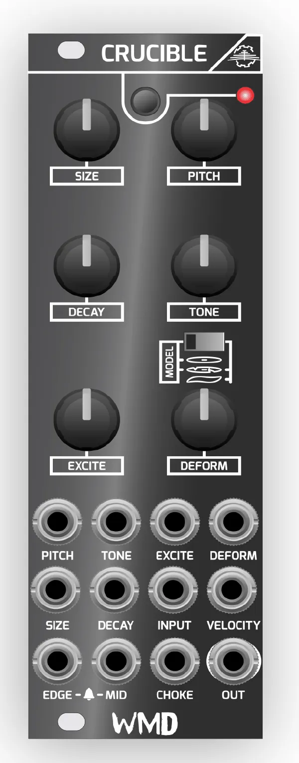 Line drawing of Crucible's front panel. From top: a CRUCIBLE label, then six knobs in three rows — SIZE and PITCH, DECAY and TONE, EXCITE and DEFORM — with a small MODEL slide switch between the DECAY/TONE and EXCITE/DEFORM rows. Below the knobs are twelve jacks in three rows: PITCH, TONE, EXCITE, DEFORM; SIZE, DECAY, INPUT, VELOCITY; EDGE-BELL-MID, CHOKE, OUT; with a WMD logo at the bottom.