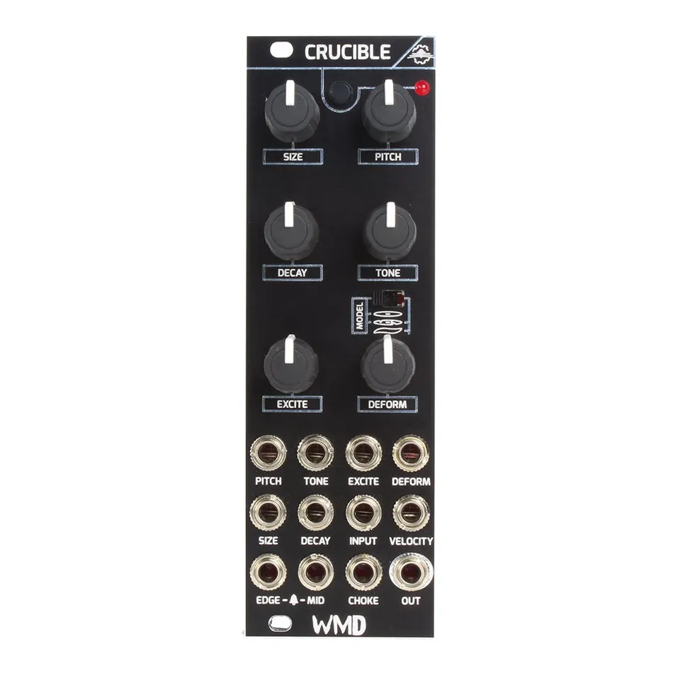 Crucible module front panel: an 8HP black Eurorack panel with six knobs (SIZE, PITCH, DECAY, TONE, EXCITE, DEFORM) arranged in three rows, a small three-position MODEL slide switch in the center, and twelve jacks in three rows at the bottom for CV, trigger, audio input and output.
