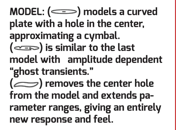 The three MODEL switch icons as printed on the panel, each a cross-section profile. The first is a flat curved plate with a small hole in the center. The second is the same plate shape with an extra notch. The third is a curved plate with no center hole. Each icon is shown beside its description.