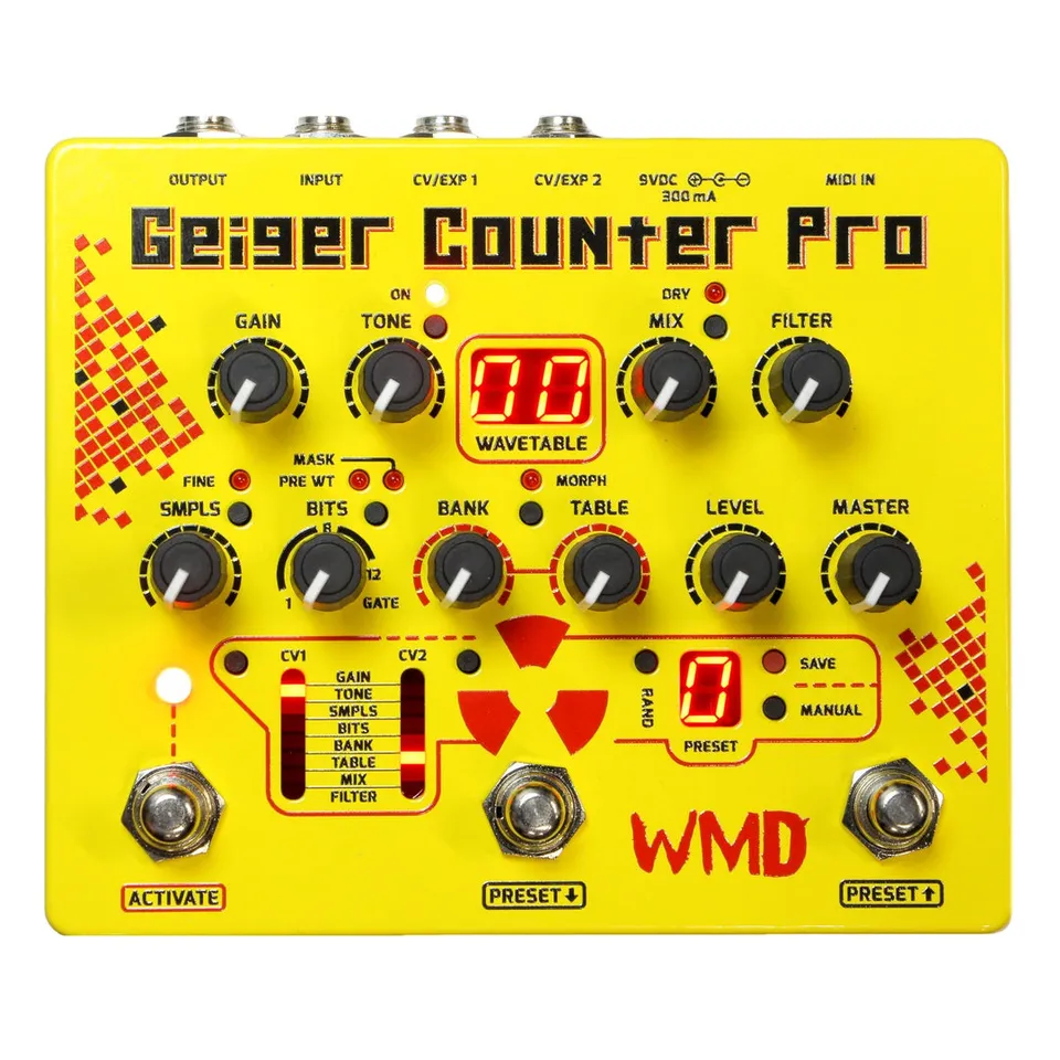 Geiger Counter Pro pedal, front view: a yellow enclosure with Output, Input, CV/EXP 1, CV/EXP 2, 9VDC and MIDI In jacks along the top edge; Gain, Tone, Mix and Filter knobs around a red two-digit Wavetable display; Samples, Bits, Bank, Table, Level and Master knobs below with Fine, Mask, Pre WT and Morph indicator LEDs; a CV1/CV2 routing matrix listing Gain, Tone, Smpls, Bits, Bank, Table, Mix and Filter; a red radiation-hazard symbol; a single-digit Preset display with Rand, Save and Manual; and three footswitches labeled Activate, Preset down and Preset up.
