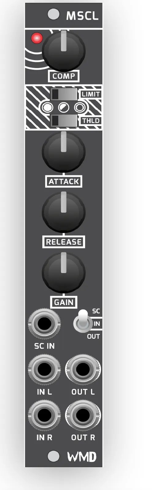Front panel diagram of MSCL from top to bottom: a status LED beside the large COMP knob, two slide switches labeled LIMIT and THLD flanking a small adjustment between them, an ATTACK knob, a RELEASE knob, a GAIN knob, a three-position SC/IN/OUT toggle switch beside the SC IN jack, and two columns of jacks below labeled IN L and OUT L, then IN R and OUT R.