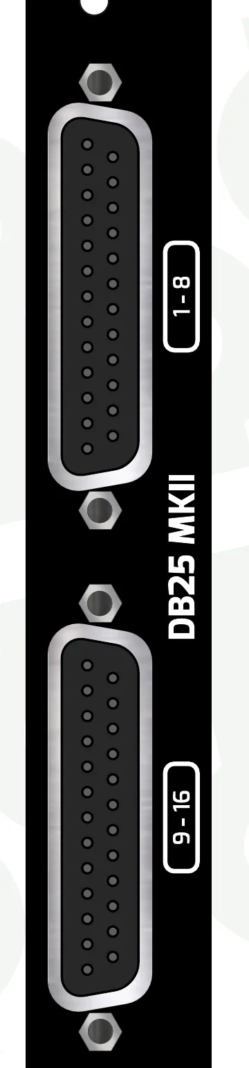 DB25 MKII expander front panel with two TASCAM-standard DB25 connectors, the upper labeled 1-8 and the lower labeled 9-16.