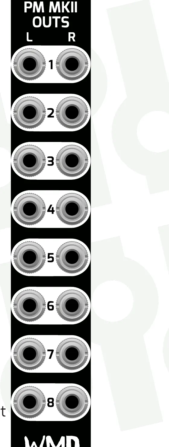 PM MKII Direct Outs expander front panel with eight stereo output jack pairs labeled L and R, numbered 1 through 8.