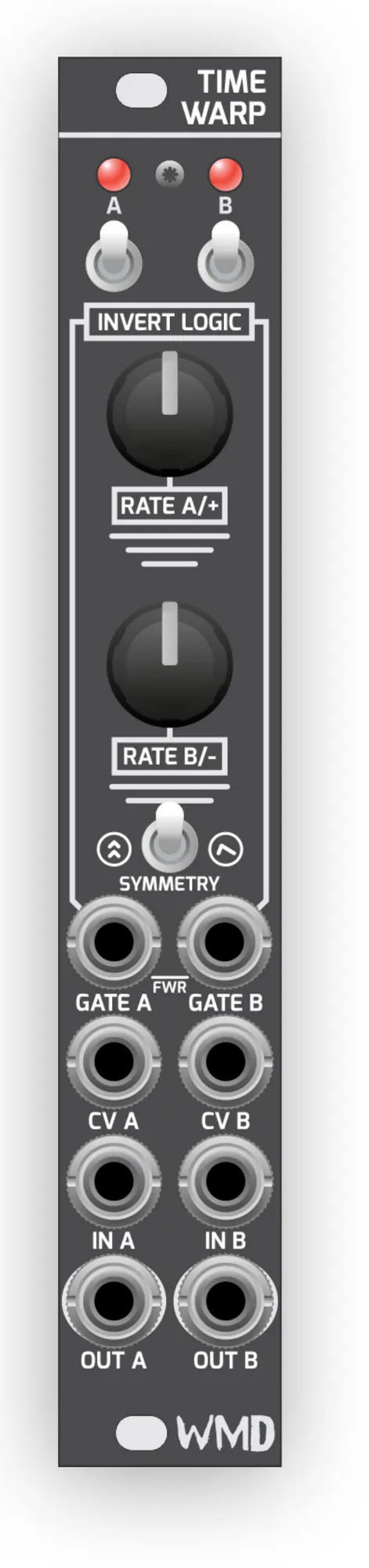 Labeled front-panel diagram of Time Warp from top to bottom: two A and B status LEDs, two INVERT LOGIC toggle switches, the RATE A/+ knob, the RATE B/- knob, a SYMMETRY toggle, then jack pairs labeled GATE A and GATE B (joined by an FWR marking), CV A and CV B, IN A and IN B, and OUT A and OUT B.