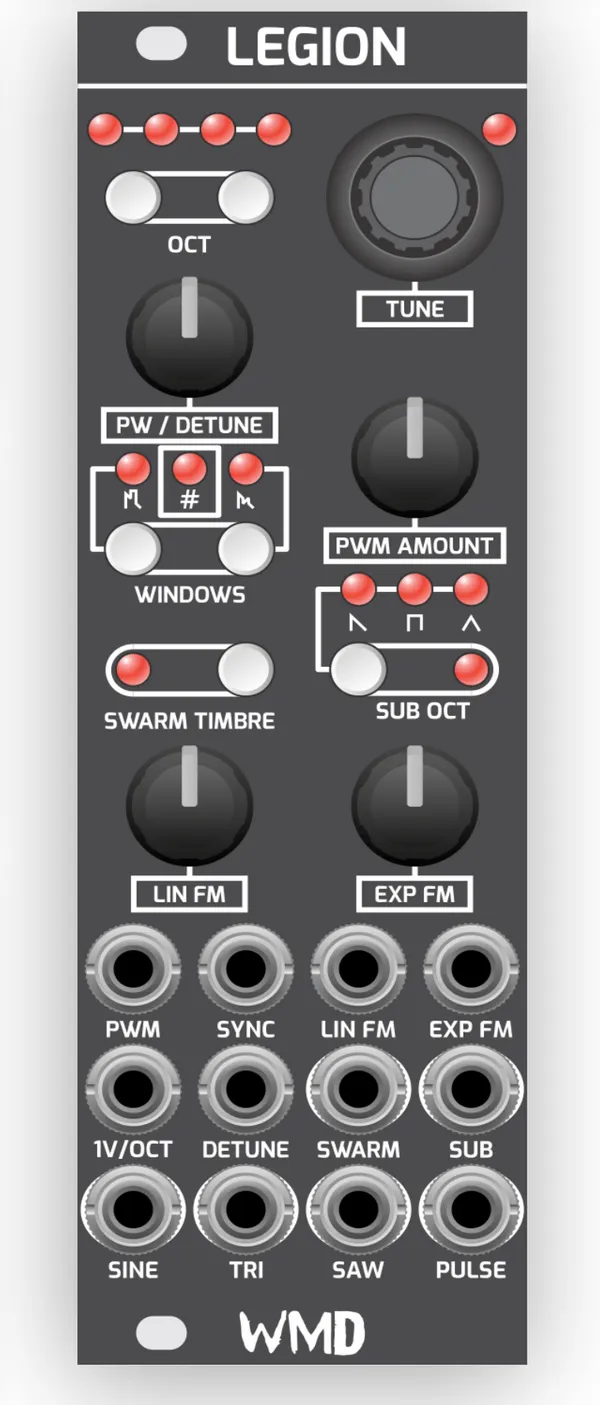Diagram of the Legion front panel showing control positions from top to bottom: four OCTAVE LEDs and the OCT buttons, the TUNE encoder with its LED, the PW/DETUNE knob, the WINDOWS buttons with three indicator LEDs (a pulse-window symbol, the # number symbol, and a phase-reversal symbol), the PWM AMOUNT knob, the SWARM TIMBRE button, the SUB OCT button with three LEDs showing saw, square and triangle waveform symbols, and the LIN FM and EXP FM attenuator knobs; then three rows of jacks: PWM, SYNC, LIN FM and EXP FM; then 1V/OCT, DETUNE, SWARM and SUB; then the SINE, TRI, SAW and PULSE outputs.