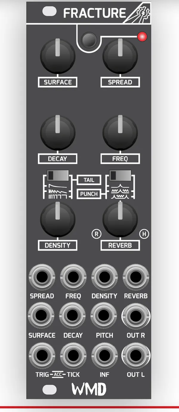 Front panel diagram of Fracture. Top: SURFACE and SPREAD knobs flanking a button and LED. Second row: DECAY and FREQ knobs. Middle: a TAIL switch with three waveform mode icons on the left and a PUNCH switch with three waveform mode icons on the right. Third row: DENSITY and REVERB knobs, with R and H labels marking the Room and Hall ends of the REVERB knob. Bottom three jack rows, left to right: SPREAD, FREQ, DENSITY, REVERB; then SURFACE, DECAY, PITCH, OUT R; then TRIG-[ACC]-TICK, INF, and OUT L.