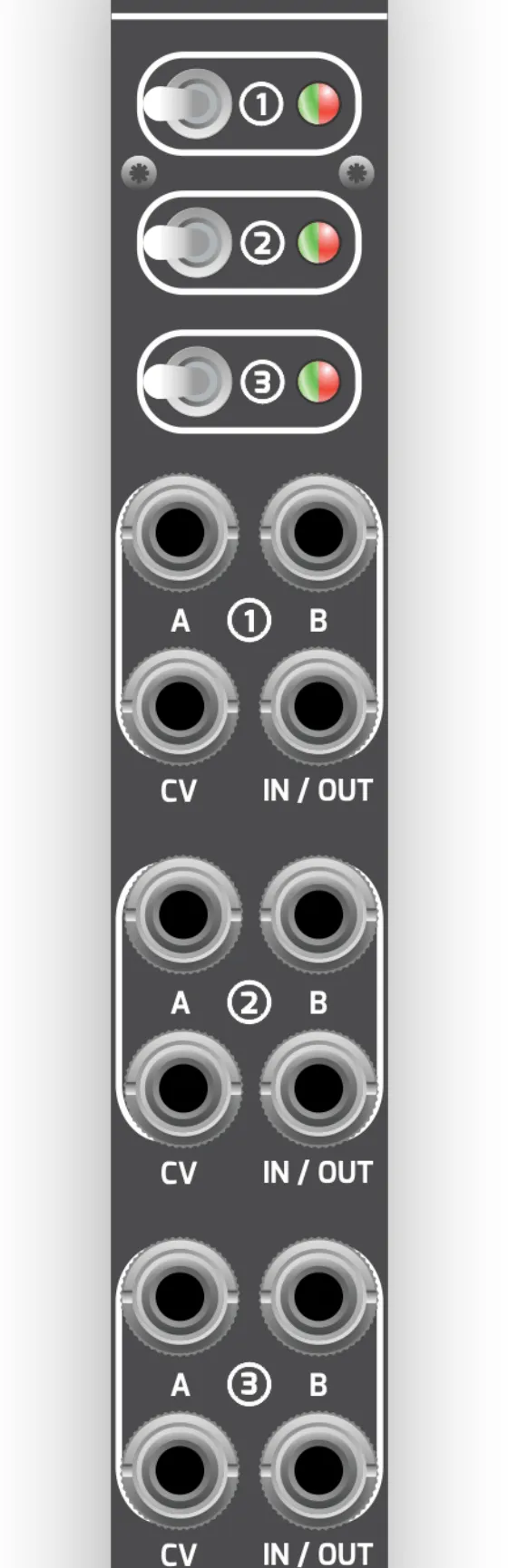 SL3KT front panel diagram: three rocker switches at the top, each labeled 1, 2, and 3 with an adjacent green/red LED. Below them are three matching jack groups, also numbered 1, 2, and 3. Each group has an A jack (top left) and a B jack (top right), with a CV jack (bottom left) and an IN/OUT jack (bottom right).