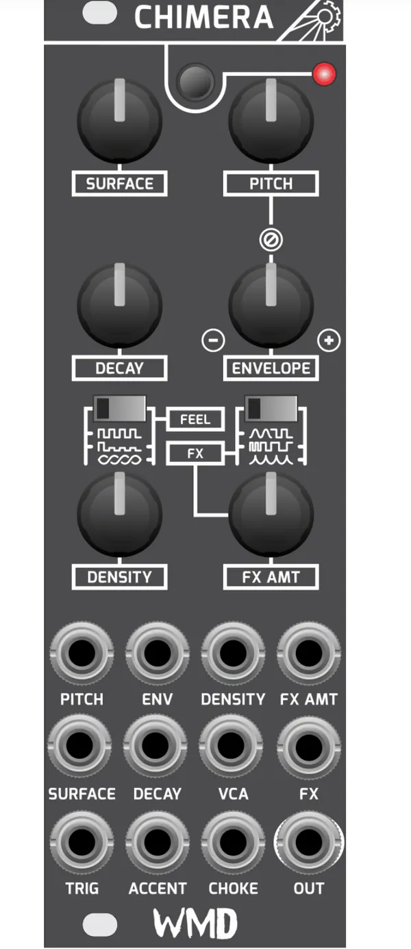 Line drawing of Chimera's front panel. Top to bottom: a SURFACE knob beside a PITCH knob, a DECAY knob beside an ENVELOPE knob marked minus on the left and plus on the right, two small toggle switches between FEEL and FX waveform labels, a DENSITY knob beside an FX AMT knob, then twelve jacks in three rows labeled PITCH, ENV, DENSITY, FX AMT; SURFACE, DECAY, VCA, FX; and TRIG, ACCENT, CHOKE, OUT. The WMD logo sits at the bottom.
