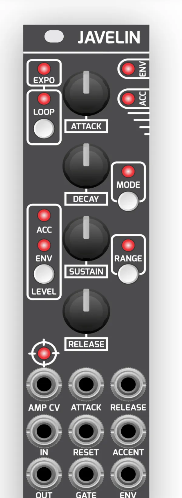 Diagram of Javelin's front panel from top to bottom: a JAVELIN label, EXPO and LOOP buttons with LEDs beside the ATTACK knob, ENV and ACC status LEDs to the right, a DECAY knob with MODE button, ACC and ENV LEDs with a LEVEL button beside the SUSTAIN knob and a RANGE button, a RELEASE knob, then three rows of jacks: AMP CV / ATTACK / RELEASE, IN / RESET / ACCENT, and OUT / GATE / ENV, with a WMD logo at the bottom.