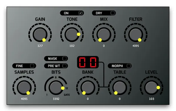 Preset 0 settings in the VST: Gain 127, Tone 102 with Tone On on, Mix 0 with Dry off, Filter 4095, Samples 4095 with Fine off, Bits 3392 with Mask off and Pre WT off, Bank 0, Table 0 with Morph off, Level 103. The display reads 00.