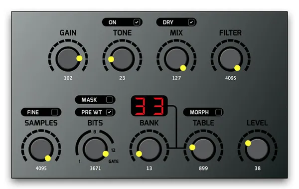 Preset 2 settings in the VST: Gain 102, Tone 23 with Tone On on, Mix 127 with Dry on, Filter 4095, Samples 4095 with Fine off, Bits 3671 with Mask off and Pre WT on, Bank 13, Table 899 with Morph off, Level 38. The display reads 33.