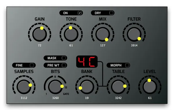 Preset 3 settings in the VST: Gain 72, Tone 61 with Tone On on, Mix 127 with Dry off, Filter 3914, Samples 3112 with Fine off, Bits 3260 with Mask off and Pre WT off, Bank 19, Table 3242 with Morph off, Level 61. The display reads 4C.