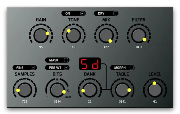 Preset 4 settings in the VST: Gain 95, Tone 43 with Tone On on, Mix 127 with Dry off, Filter 3833, Samples 721 with Fine on, Bits 3554 with Mask off and Pre WT on, Bank 21, Table 3341 with Morph off, Level 61. The display reads 5d.