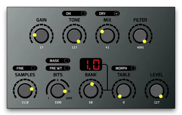 Preset 5 settings in the VST: Gain 27, Tone 127 with Tone On off, Mix 41 with Dry on, Filter 4095, Samples 3118 with Fine off, Bits 3390 with Mask off and Pre WT off, Bank 68, Table 0 with Morph off, Level 127. The display reads 1.0.