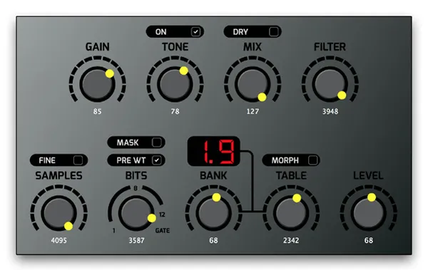 Preset 6 settings in the VST: Gain 85, Tone 78 with Tone On on, Mix 127 with Dry off, Filter 3948, Samples 4095 with Fine off, Bits 3587 with Mask off and Pre WT on, Bank 68, Table 2342 with Morph off, Level 68. The display reads 1.9.