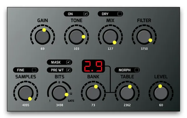 Preset 7 settings in the VST: Gain 69, Tone 103 with Tone On on, Mix 127 with Dry off, Filter 3750, Samples 4095 with Fine off, Bits 3498 with Mask on and Pre WT on, Bank 73, Table 2362 with Morph off, Level 60. The display reads 2.9.