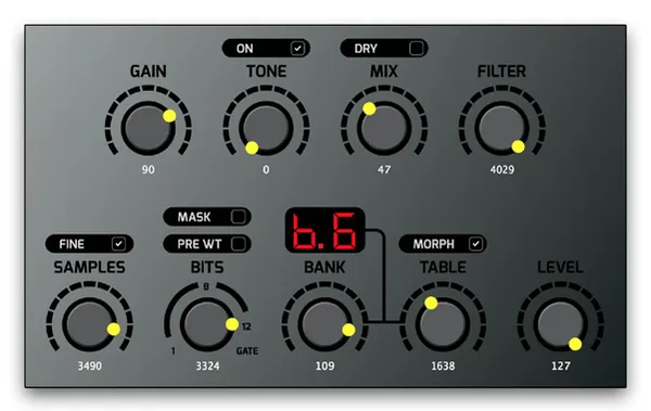 Preset 8 settings in the VST: Gain 90, Tone 0 with Tone On on, Mix 47 with Dry off, Filter 4029, Samples 3490 with Fine on, Bits 3324 with Mask off and Pre WT off, Bank 109, Table 1638 with Morph on, Level 127. The display reads b.6.