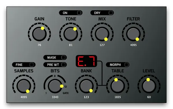 Preset 9 settings in the VST: Gain 76, Tone 81 with Tone On off, Mix 127 with Dry off, Filter 4095, Samples 4095 with Fine off, Bits 3343 with Mask off and Pre WT off, Bank 123, Table 1835 with Morph off, Level 60. The display reads E.7.