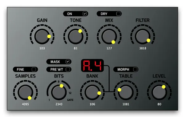 Preset A settings in the VST: Gain 103, Tone 81 with Tone On on, Mix 127 with Dry off, Filter 3818, Samples 4095 with Fine off, Bits 2343 with Mask on and Pre WT off, Bank 106, Table 1081 with Morph off, Level 80. The display reads A.4.