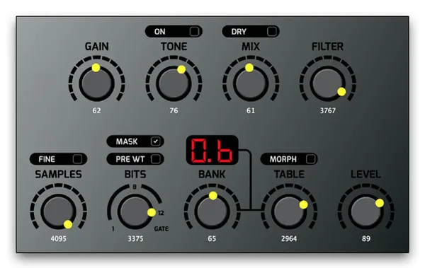 Preset B settings in the VST: Gain 62, Tone 76 with Tone On off, Mix 61 with Dry off, Filter 3767, Samples 4095 with Fine off, Bits 3375 with Mask on and Pre WT off, Bank 65, Table 2964 with Morph off, Level 89. The display reads 0.b.