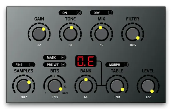 Preset C settings in the VST: Gain 82, Tone 68 with Tone On on, Mix 59 with Dry off, Filter 3865, Samples 2817 with Fine off, Bits 3719 with Mask on and Pre WT on, Bank 64, Table 3784 with Morph off, Level 127. The display reads 0.E.