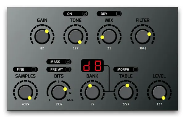 Preset D settings in the VST: Gain 82, Tone 127 with Tone On on, Mix 21 with Dry off, Filter 3048, Samples 4095 with Fine off, Bits 2932 with Mask on and Pre WT off, Bank 55, Table 2227 with Morph off, Level 127. The display reads d8.