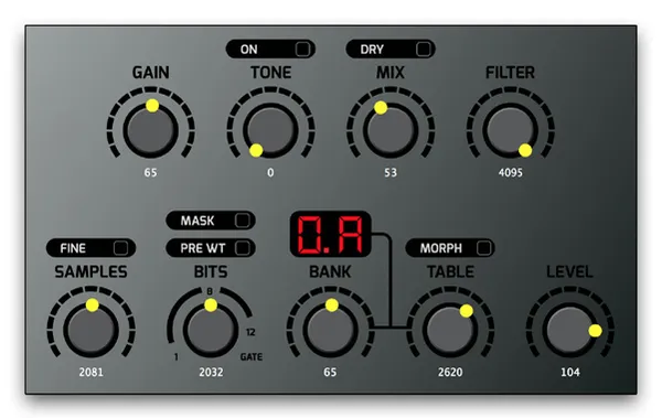 Preset E settings in the VST: Gain 65, Tone 0 with Tone On off, Mix 53 with Dry off, Filter 4095, Samples 2081 with Fine off, Bits 2032 with Mask off and Pre WT off, Bank 65, Table 2620 with Morph off, Level 104. The display reads 0.A.